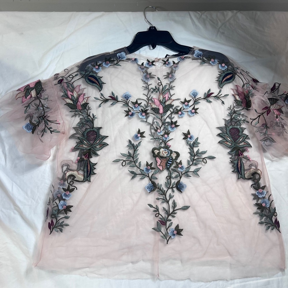 Zara Woman Pink Sheer Mesh Floral Embroidered Flutter Sleeve Blouse Top 1X